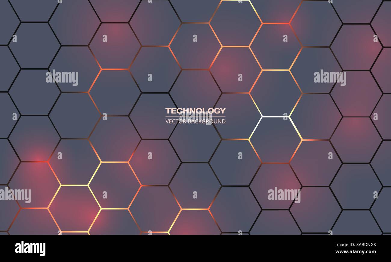 Grey and red hexagon abstract technology background with orange and yellow colored bright flashes. Hexagonal gaming vector abstract tech background. Stock Vector