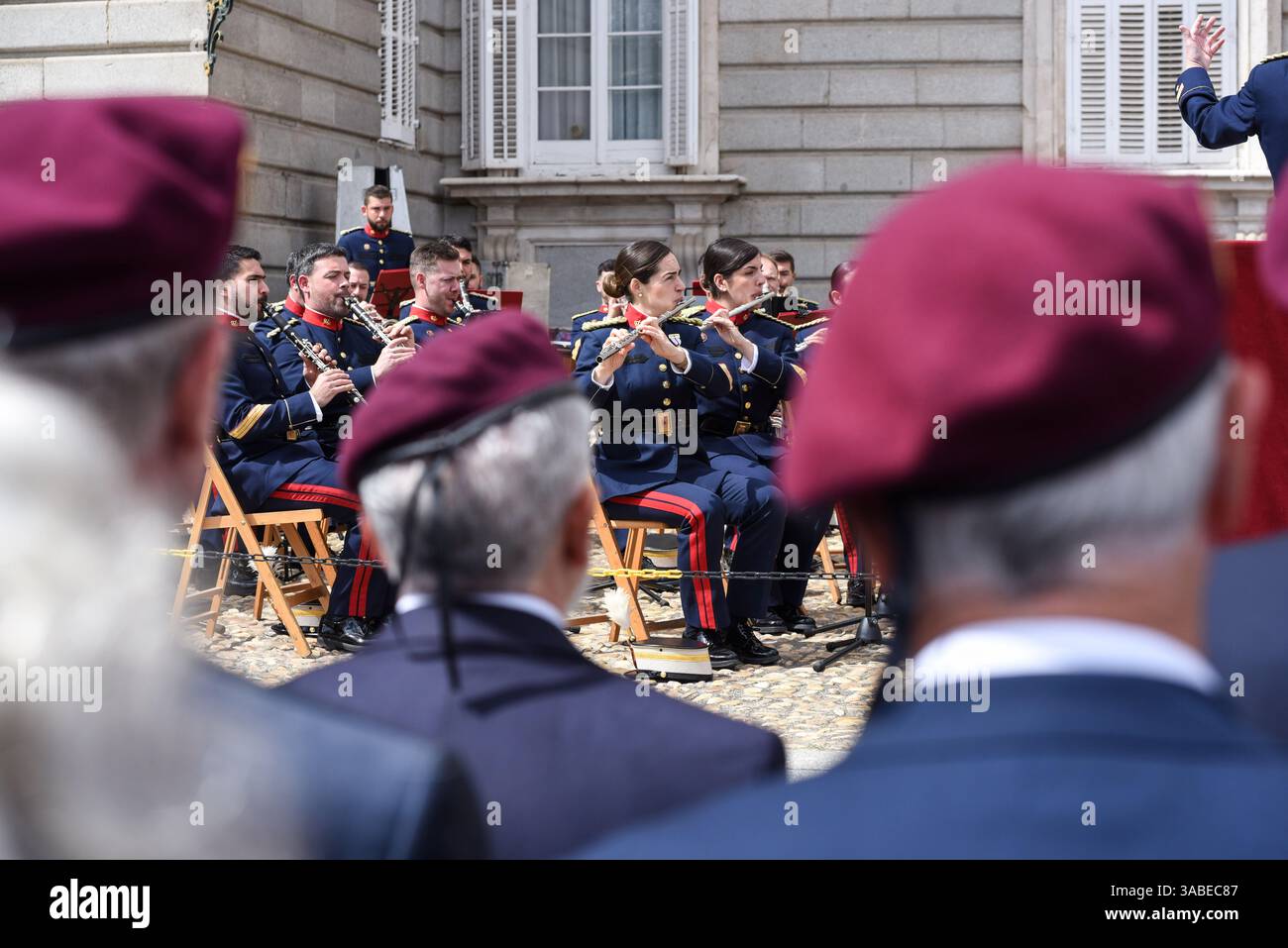 Madrid, Spain - April 2nd, 2025. Concert of the Royal Guard’s ceremonial music band (Unidad de Musica de la Guardia Real) in front of the Royal Palace. This traditional event follows the Solemn Changing of the Guard, held on the first wednesday of every month. Credit: Roberto Arosio/Alamy Live News. Stock Photo