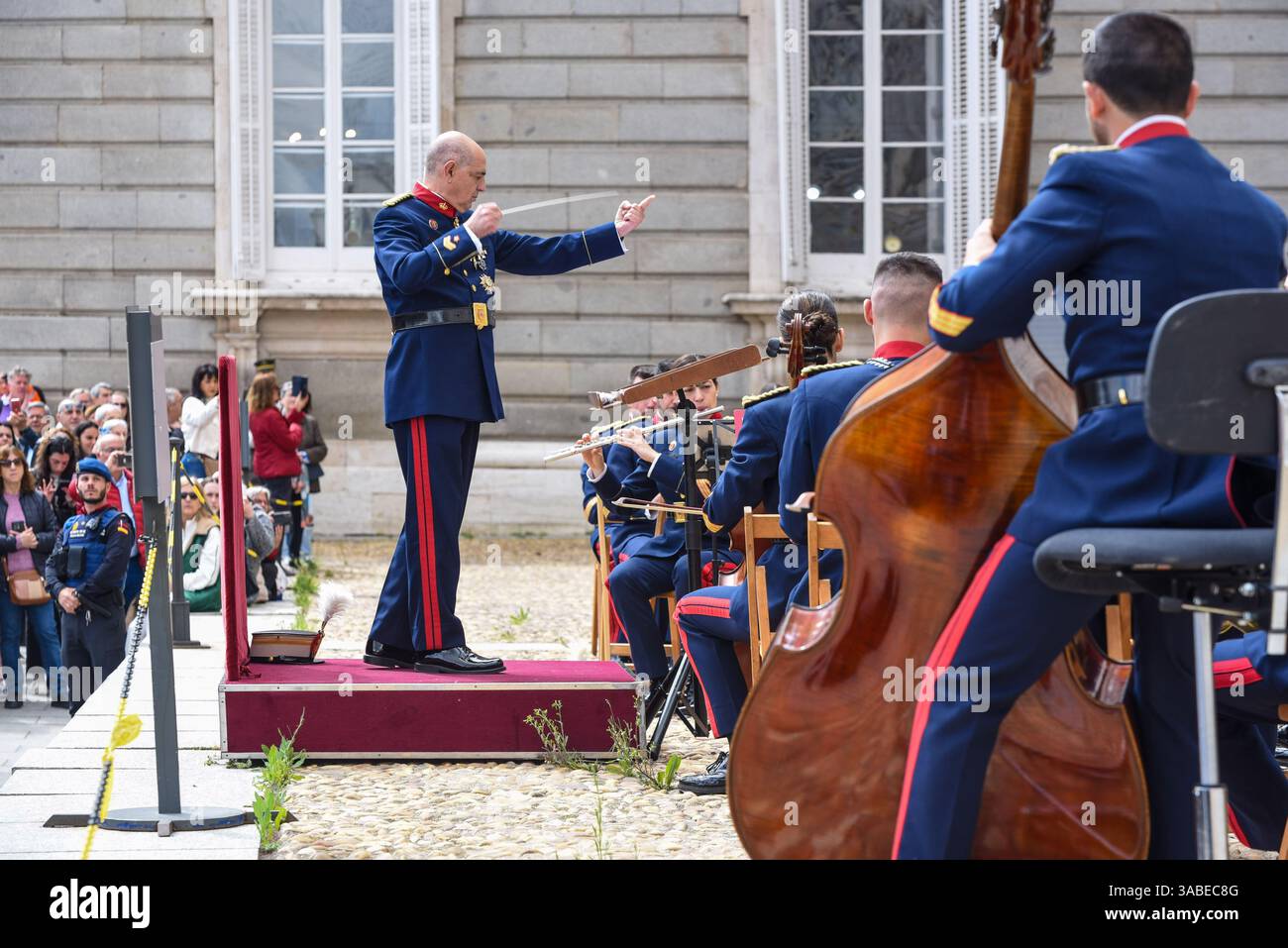 Madrid, Spain - April 2nd, 2025. Concert of the Royal Guard’s ceremonial music band (Unidad de Musica de la Guardia Real) in front of the Royal Palace. This traditional event follows the Solemn Changing of the Guard, held on the first wednesday of every month. Credit: Roberto Arosio/Alamy Live News. Stock Photo
