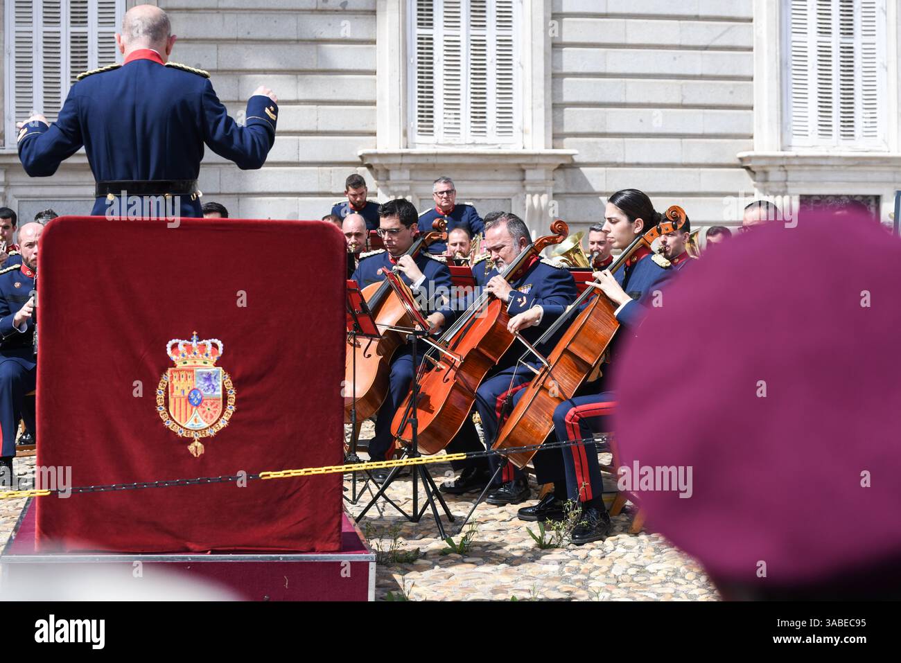 Madrid, Spain - April 2nd, 2025. Concert of the Royal Guard’s ceremonial music band (Unidad de Musica de la Guardia Real) in front of the Royal Palace. This traditional event follows the Solemn Changing of the Guard, held on the first wednesday of every month. Credit: Roberto Arosio/Alamy Live News. Stock Photo