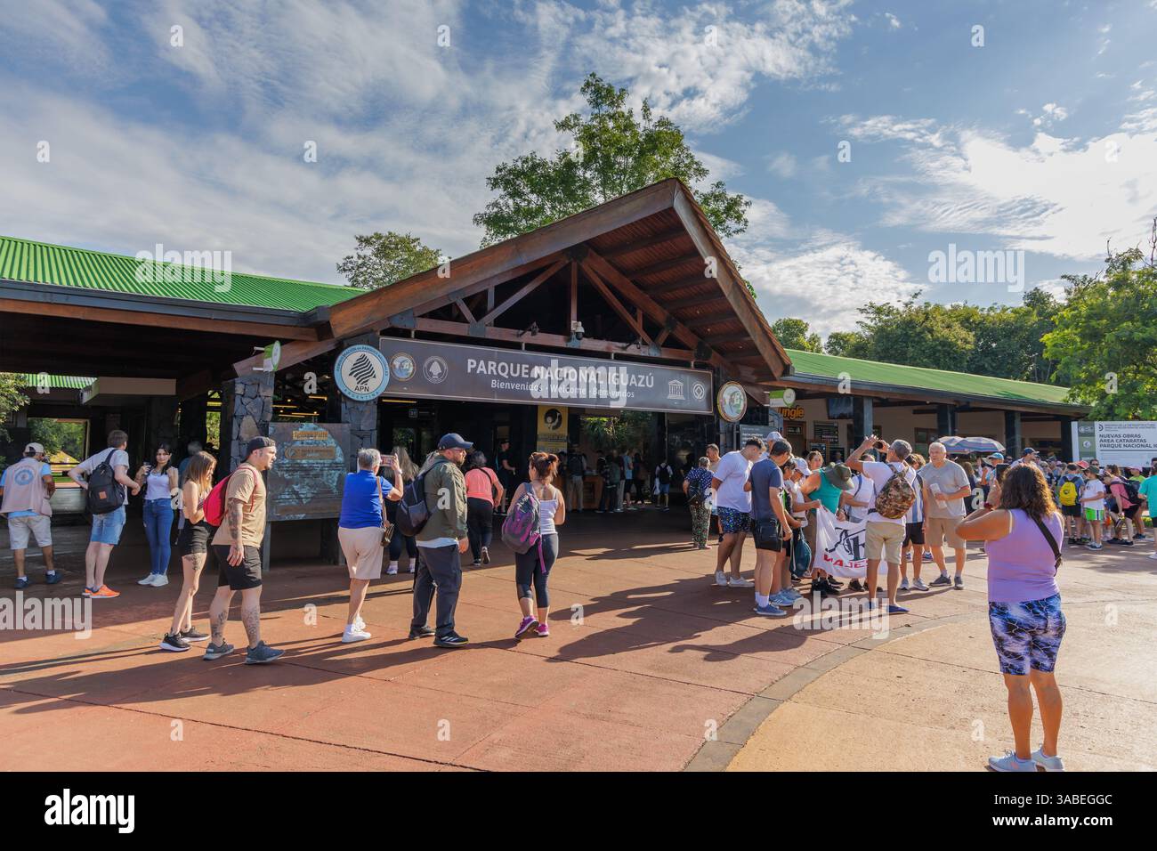 Puerto Iguazu, Misiones, Argentina - April 2nd, 2025: Tourists at the entrance to Iguazu National Park. Stock Photo