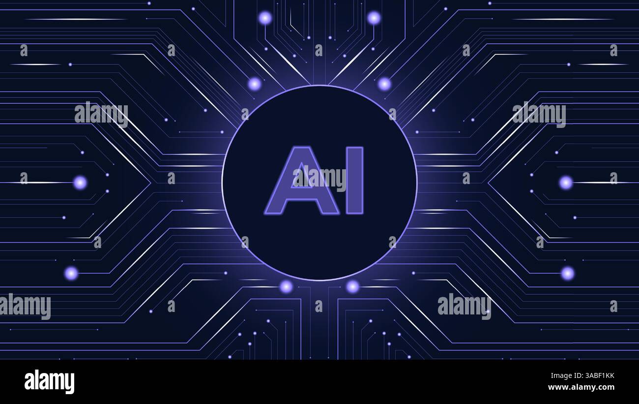 Vector illustration. Central AI core with radiating circuits visualizes ...