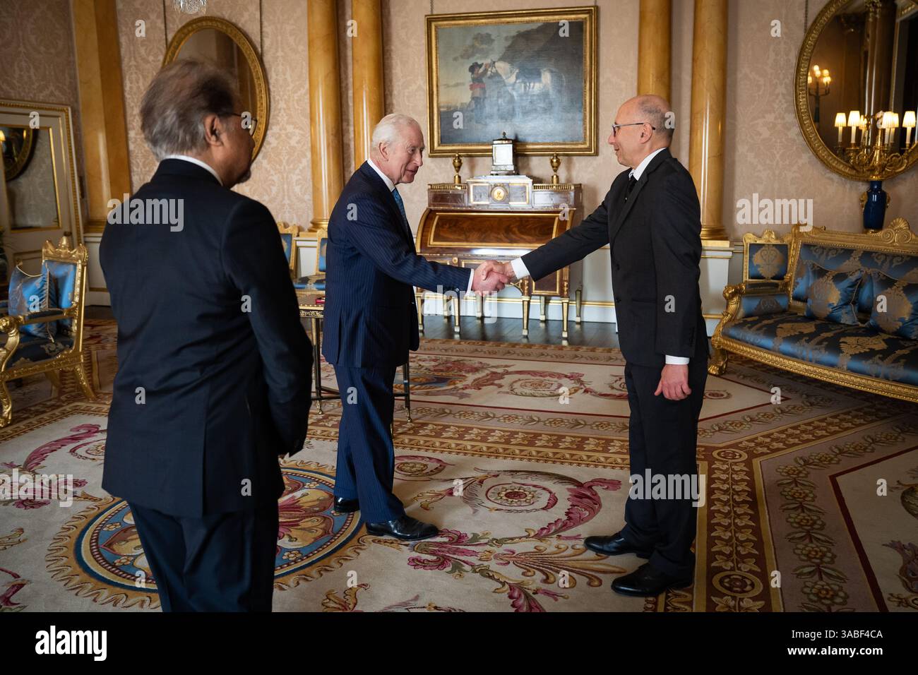 King Charles III, Patron, the Royal Society, receives Sir Michael Stratton  before presenting Royal Medals to, image size:1300x956