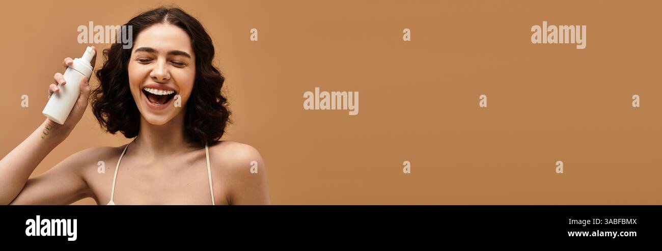 Radiating joy, a young woman with braces joyfully showcases her beauty ...