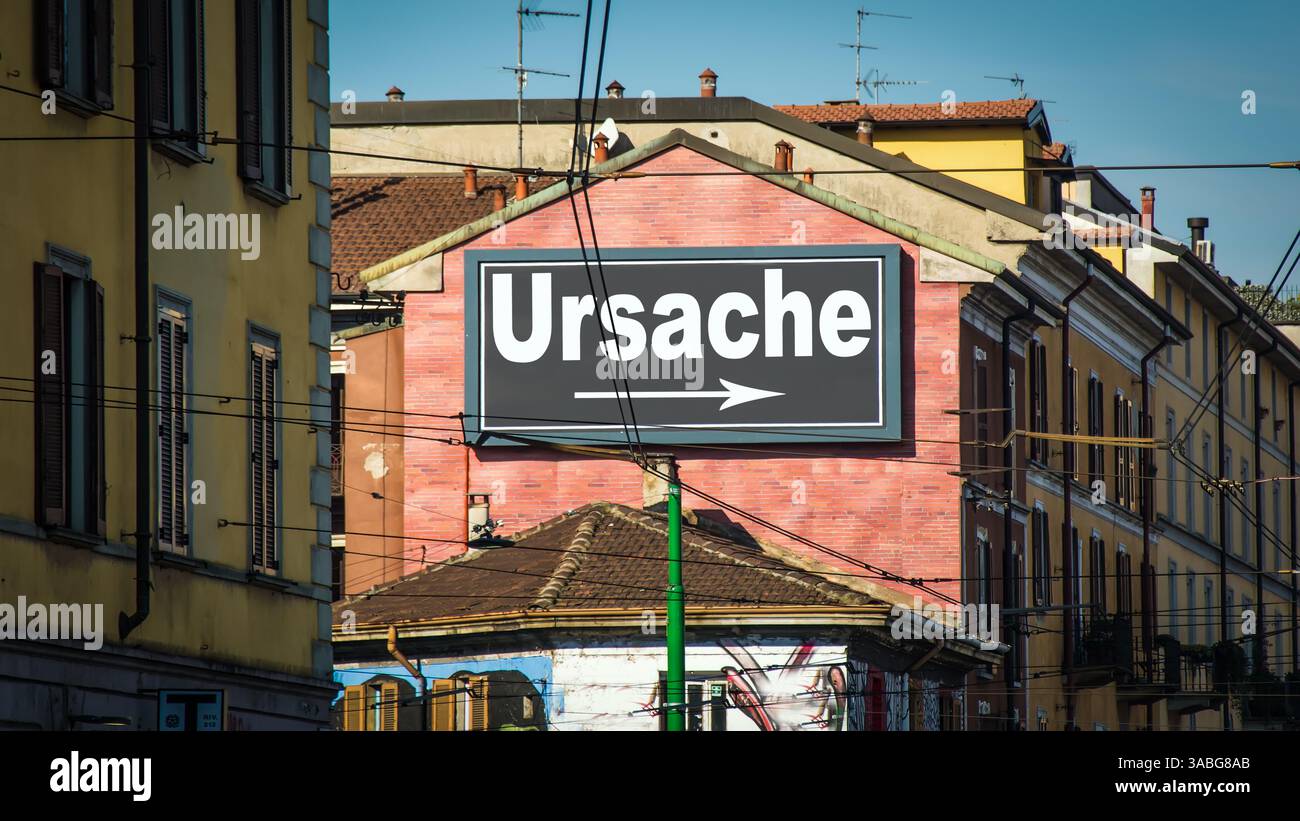 An image with a signpost in German pointing in the direction of cause. Stock Photo