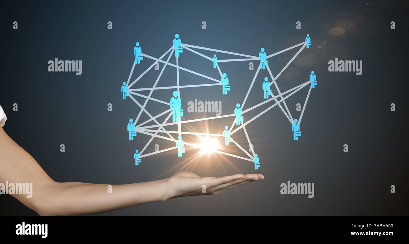 Hand holding digital network of connected people, symbolizing global ...