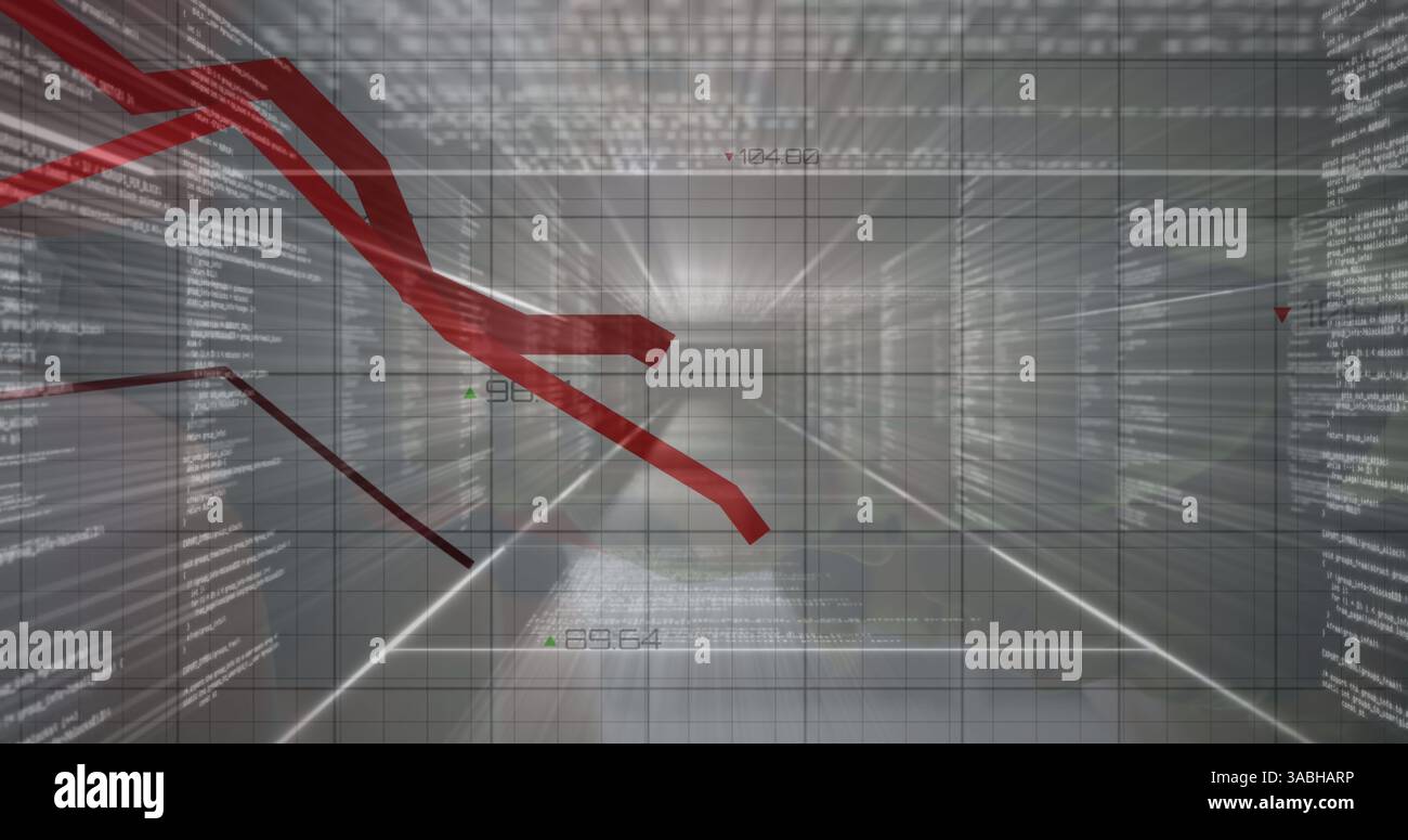 Red graphs moving over grid network against multiple screens with data processing Stock Photo