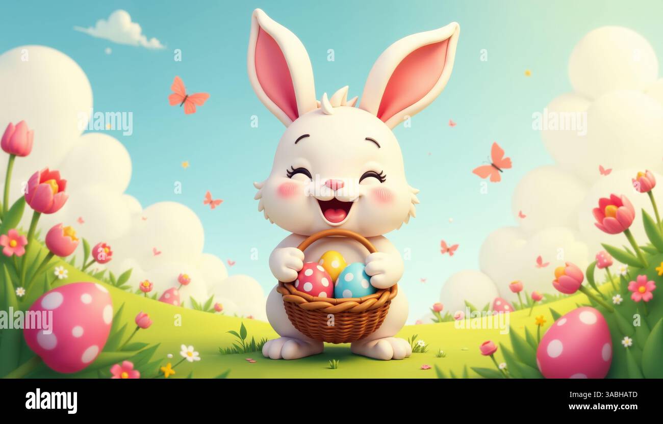 Cartoon Illustration Of Rabbit With Basket Of Eggs In Field Featuring ...