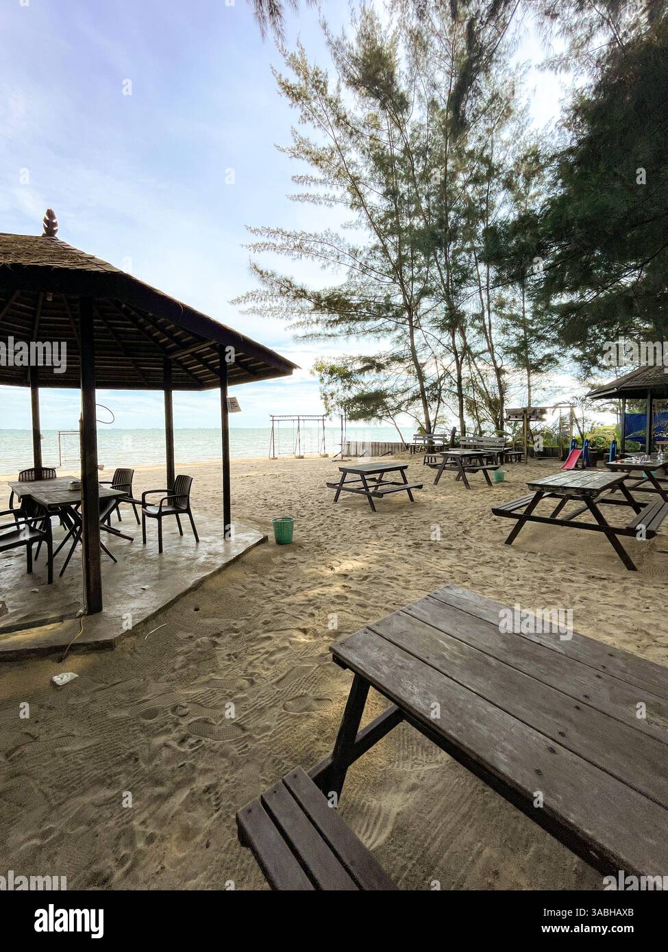 Tropical gazebo with chairs on amazing beach view - Smartphone Captured Stock Image