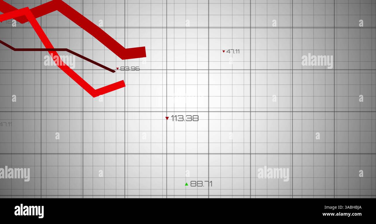 Image of red lines with statistics and financial data processing over grid Stock Photo