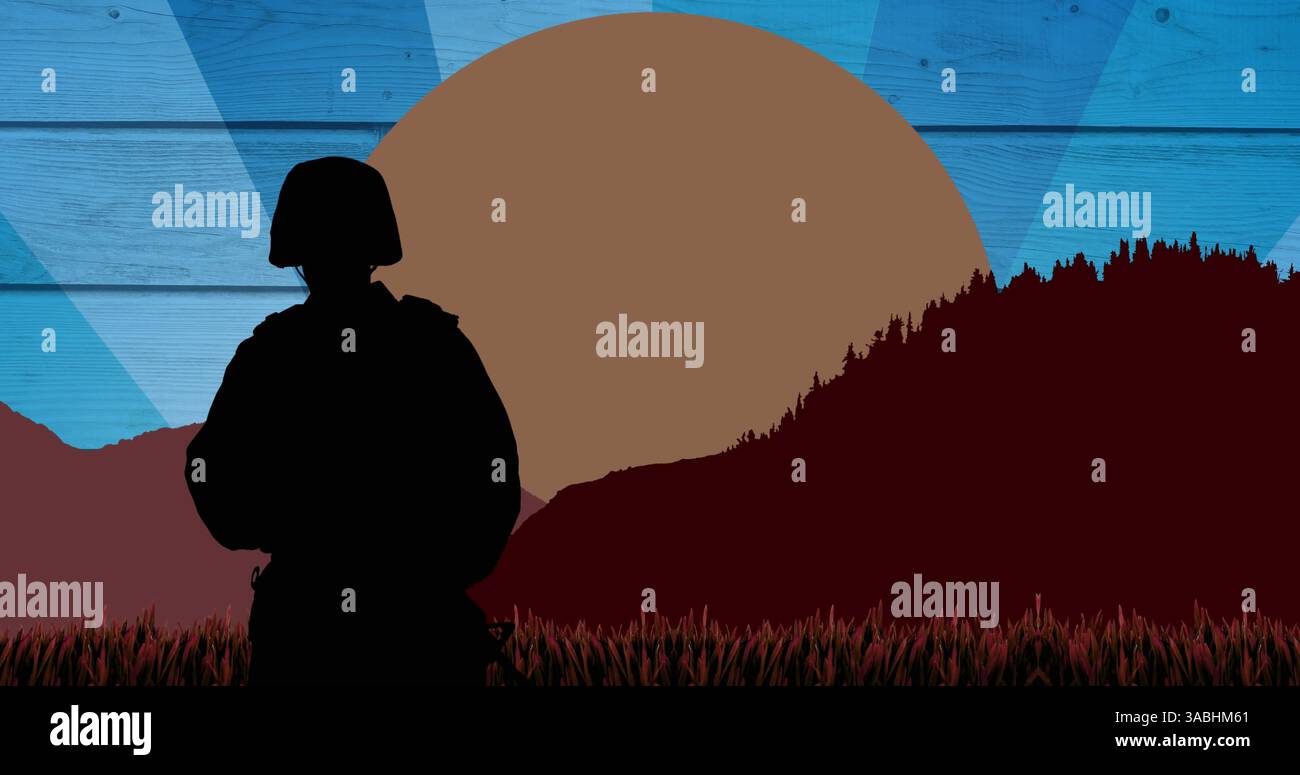Image of soldier silhouette over sun and mountains on blue background Stock Photo