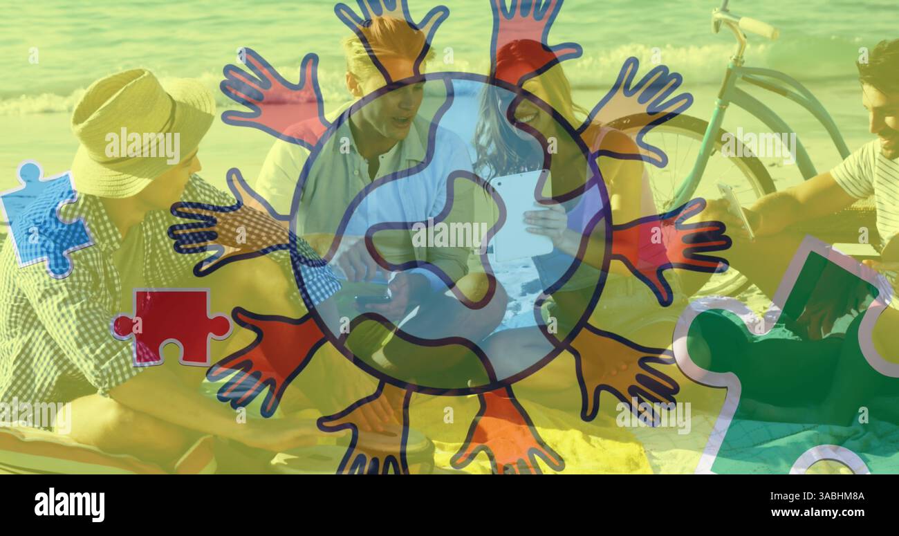 Image of globe with hands logo colorful puzzle pieces over happy playing children Stock Photo