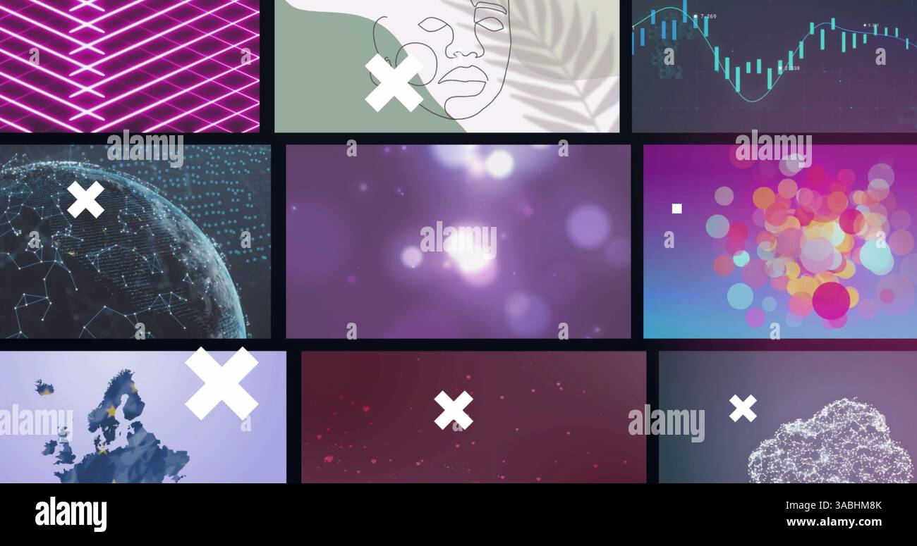 Image of white crosses over multiple screens of communication technology and abstract clips Stock Photo