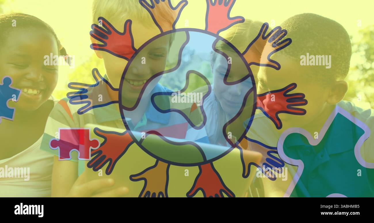 Image of globe with hands logo colorful puzzle pieces over happy playing children Stock Photo