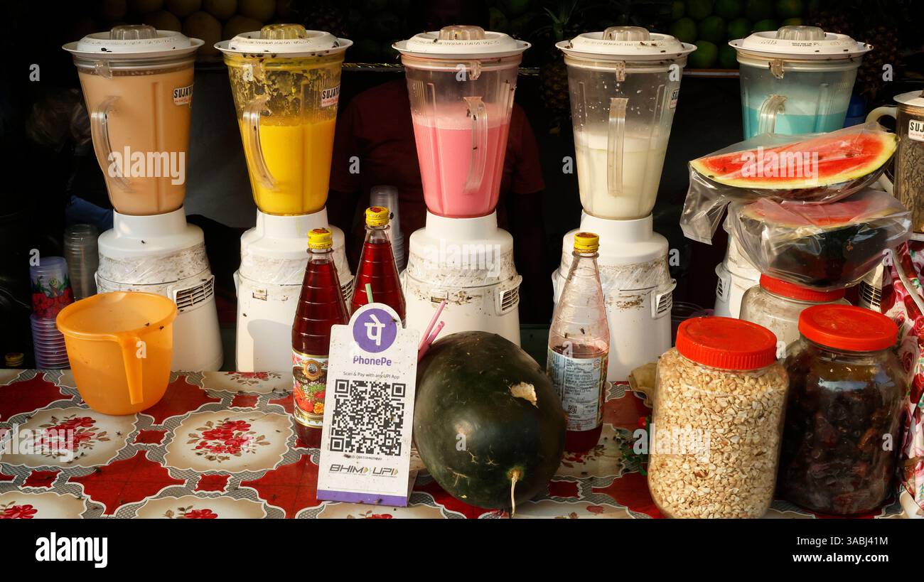 Fruit juice and shake stall in Kolkata, West Bengal, India Stock Photo