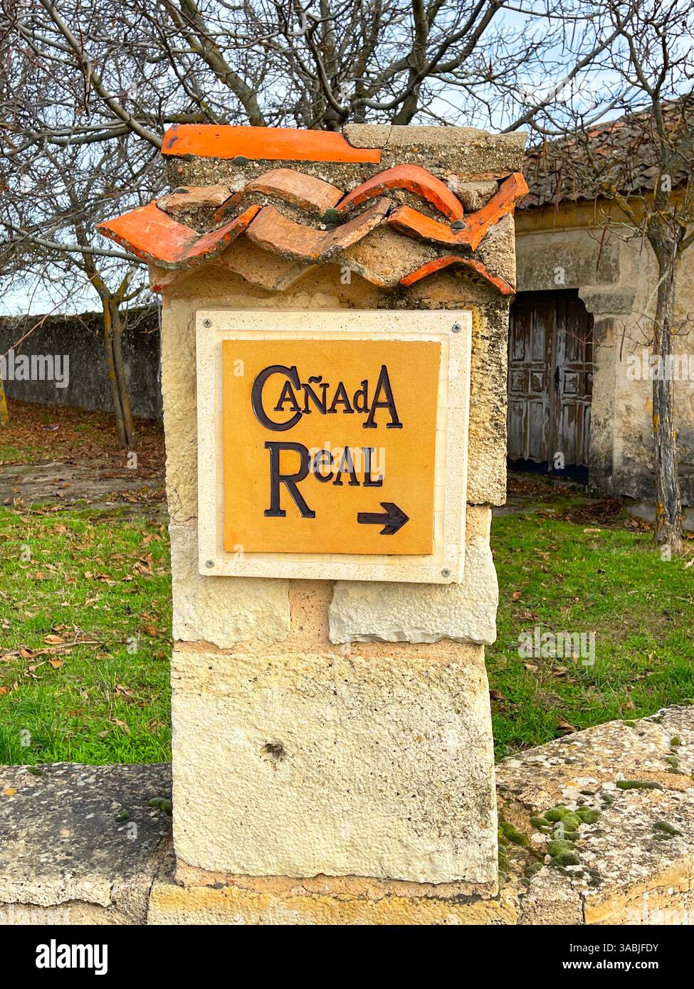 Cañada Real sign. Arcones, Segovia province, Castilla Leon, Spain. - Smartphone Captured Stock Image