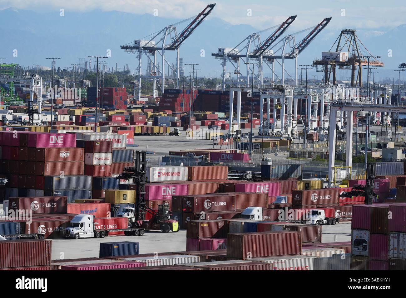 Containers are stacked at the Port of Los Angeles Wednesday, April 2 ...