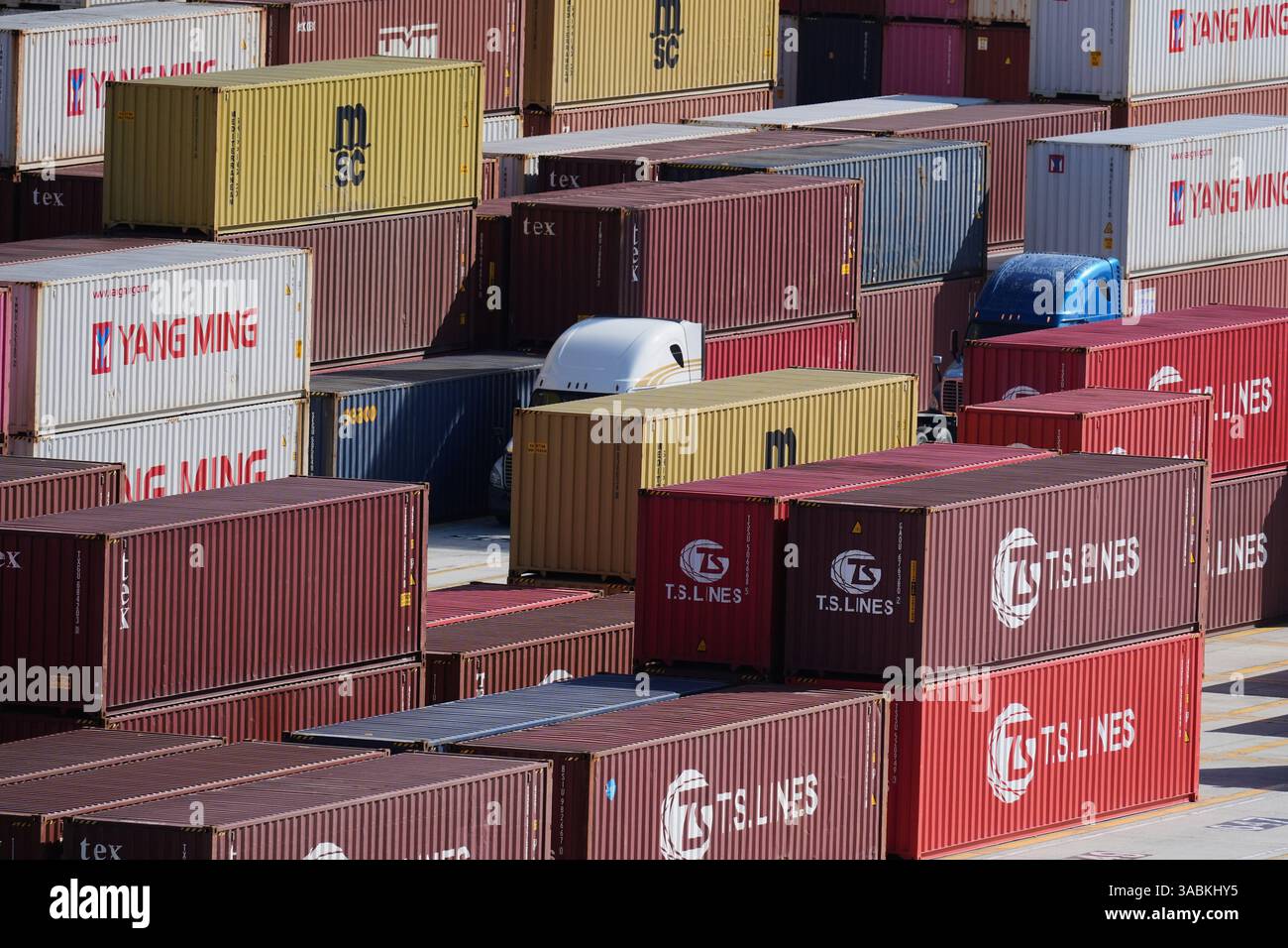 Containers are stacked at the Port of Los Angeles Wednesday, April 2 ...