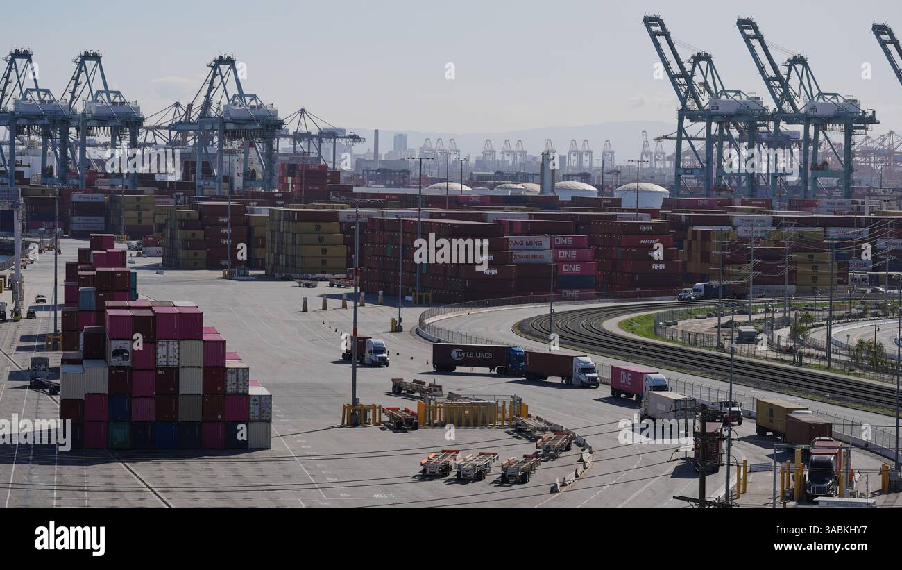 Containers are stacked at the Port of Los Angeles Wednesday, April 2 ...