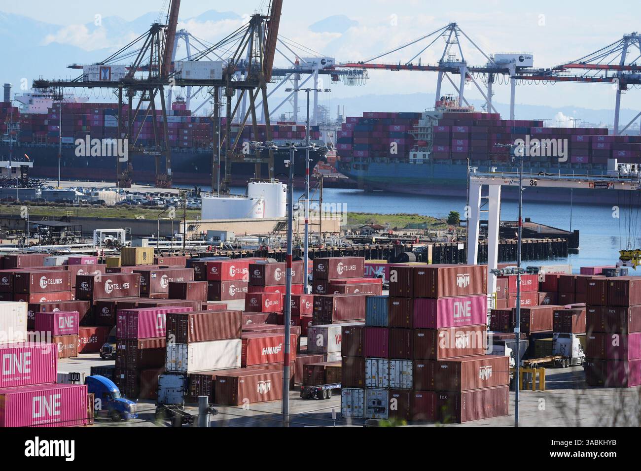 Containers are stacked at the Port of Los Angeles Wednesday, April 2 ...