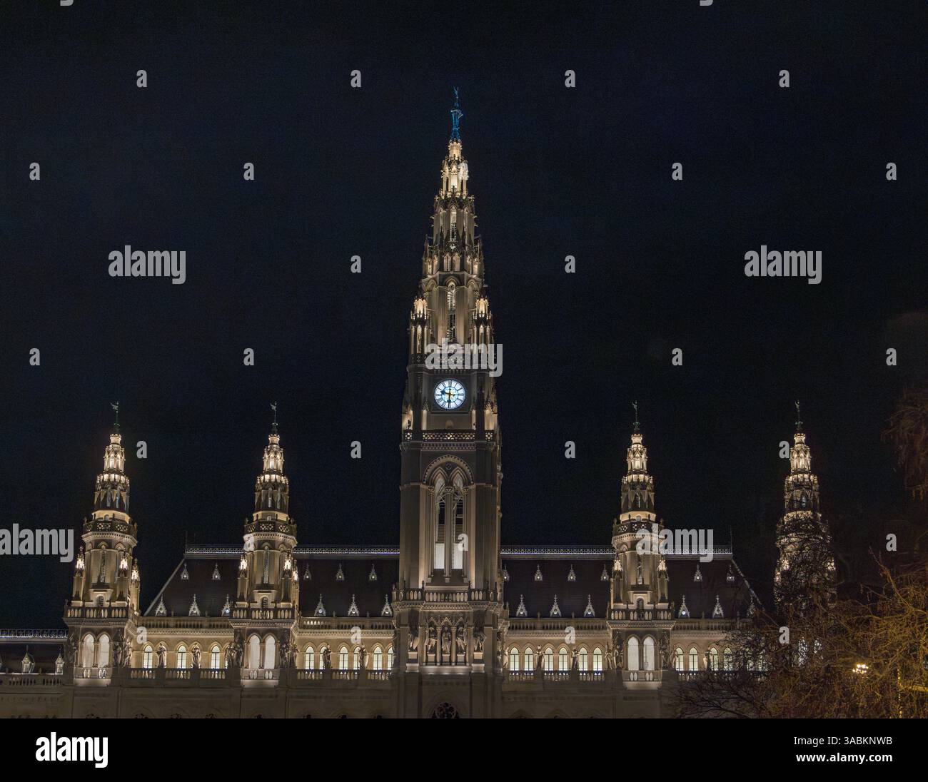 detail at night of the Rathaus (City Hall) the town hall of Vienna, Austria, finished 1883. Stock Photo