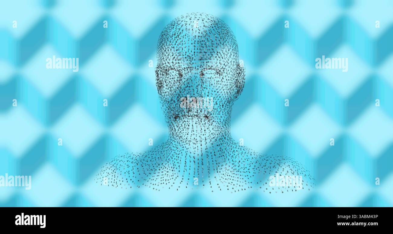 Image of human head formed with binary coding spinning over patterned blue background Stock Photo