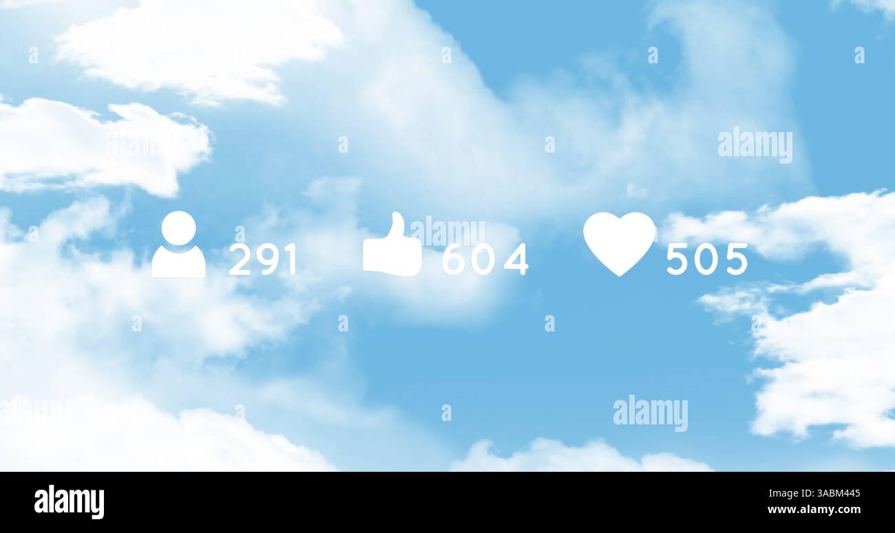 Icons of follow, like, heart increasing with sky background in digital ...