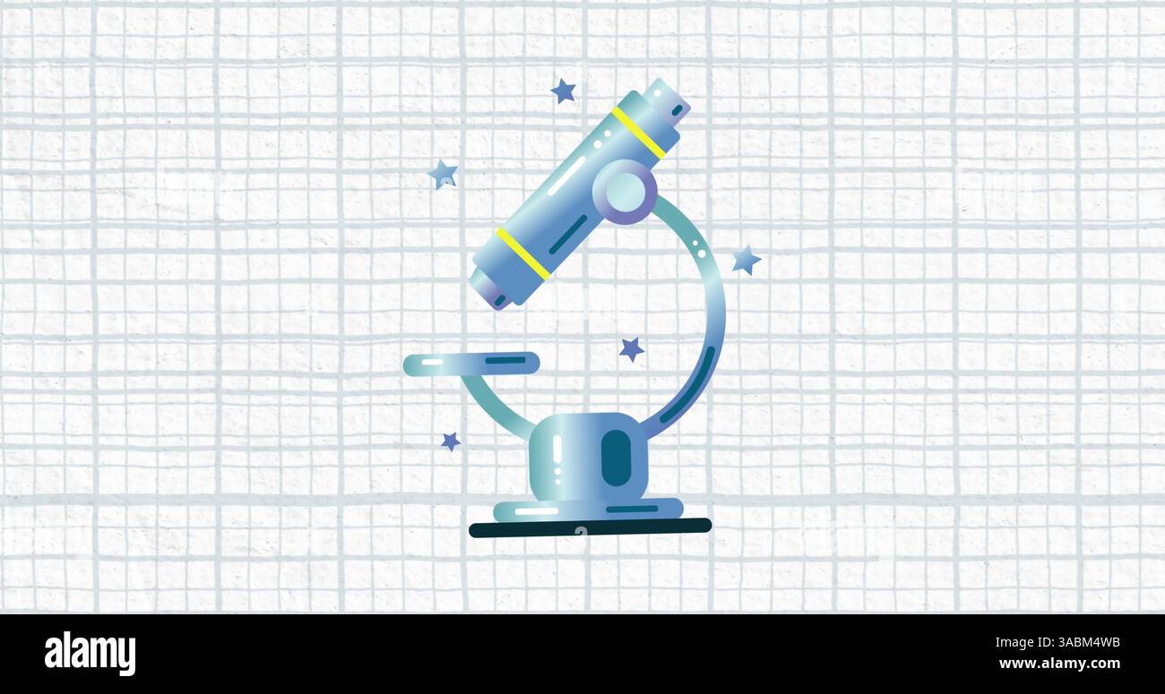 Image of microscope over blue grid on white backgraund Stock Photo