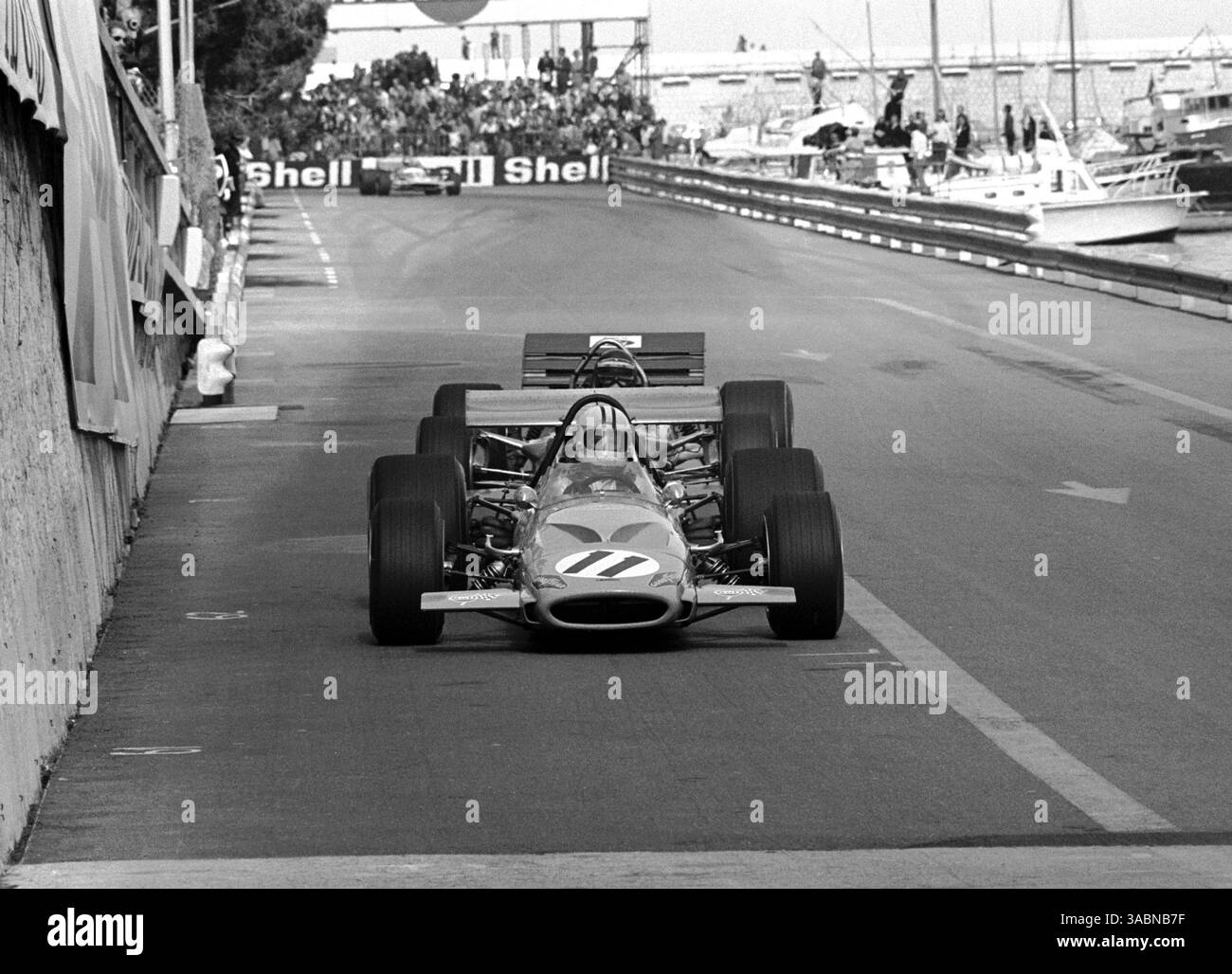 Jochen RINDT driving Lotus-Ford F1 car in full speed during 1970 Grand Prix de France, in Charade circuit near Clermont-Ferrand Stock Photo