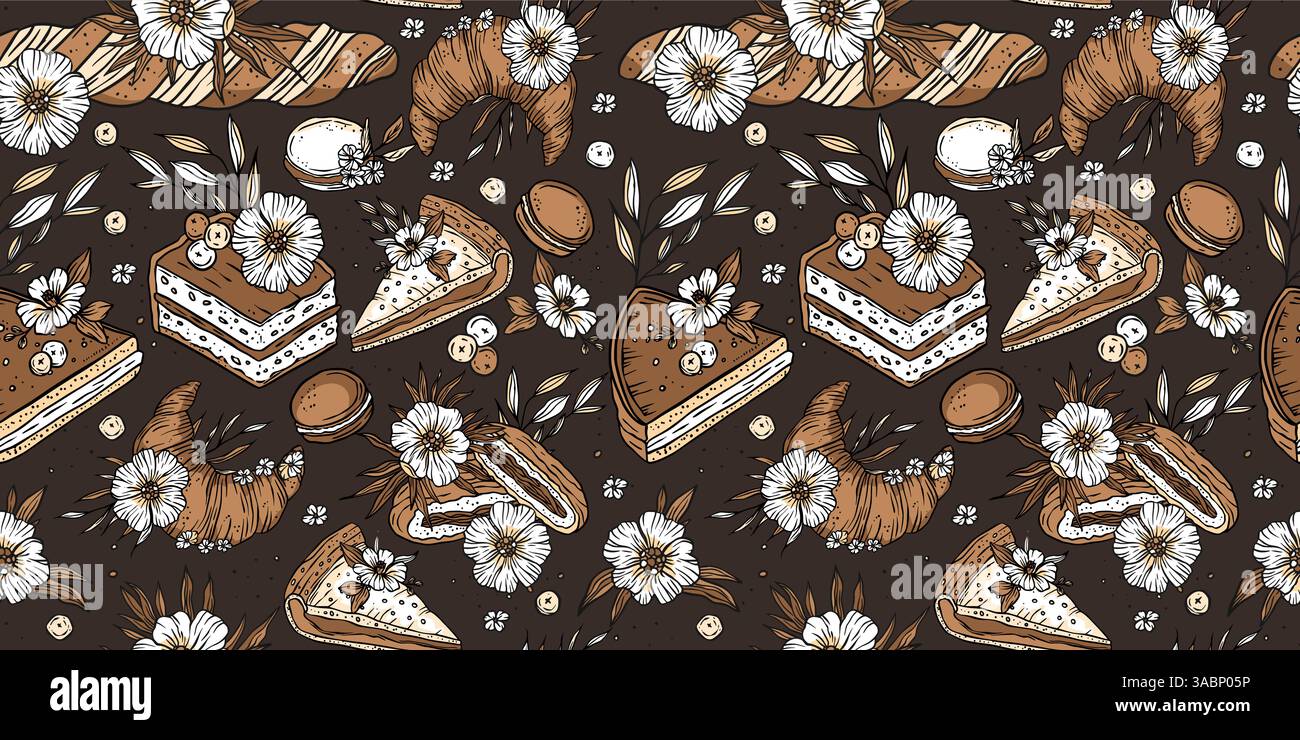 Baked good sweet cake pie bread macaron seamless pattern vector Stock Vector
