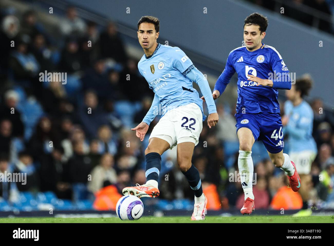 Vitor Reis of Manchester City passes the ball during the Premier League ...