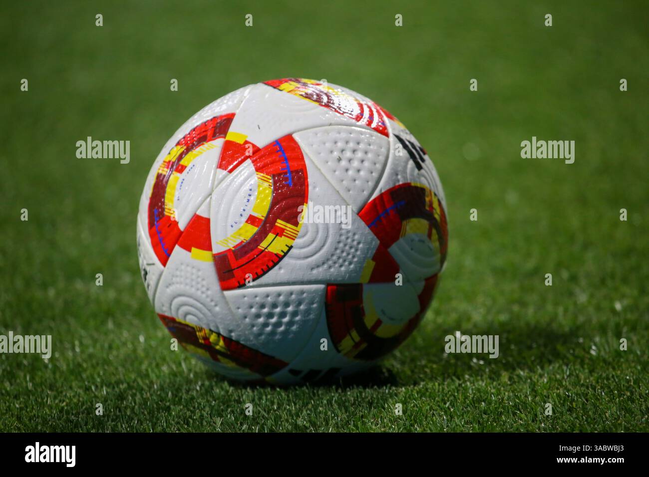 Madrid, Spain, April 2, 2025: One of the match balls during the Copa del Rey semi-final second leg between Atlético de Madrid and FC Barcelona on April 2, 2025, at the Riyadh Air Metropolitano Stadium in Madrid, Spain. Credit: Alberto Brevers / Alamy Live News. Stock Photo
