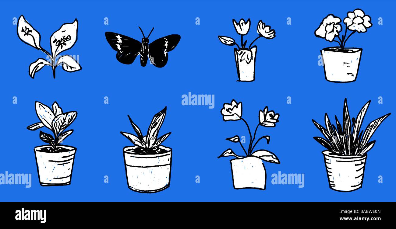 Hand-Drawn Plants and Butterfly Illustrations Stock Vector