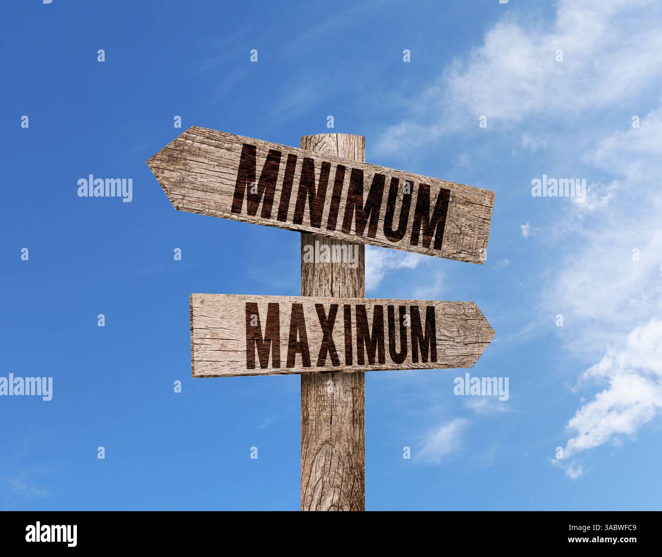 Wooden signpost with Maximum and Minimum arrows pointing in different ...