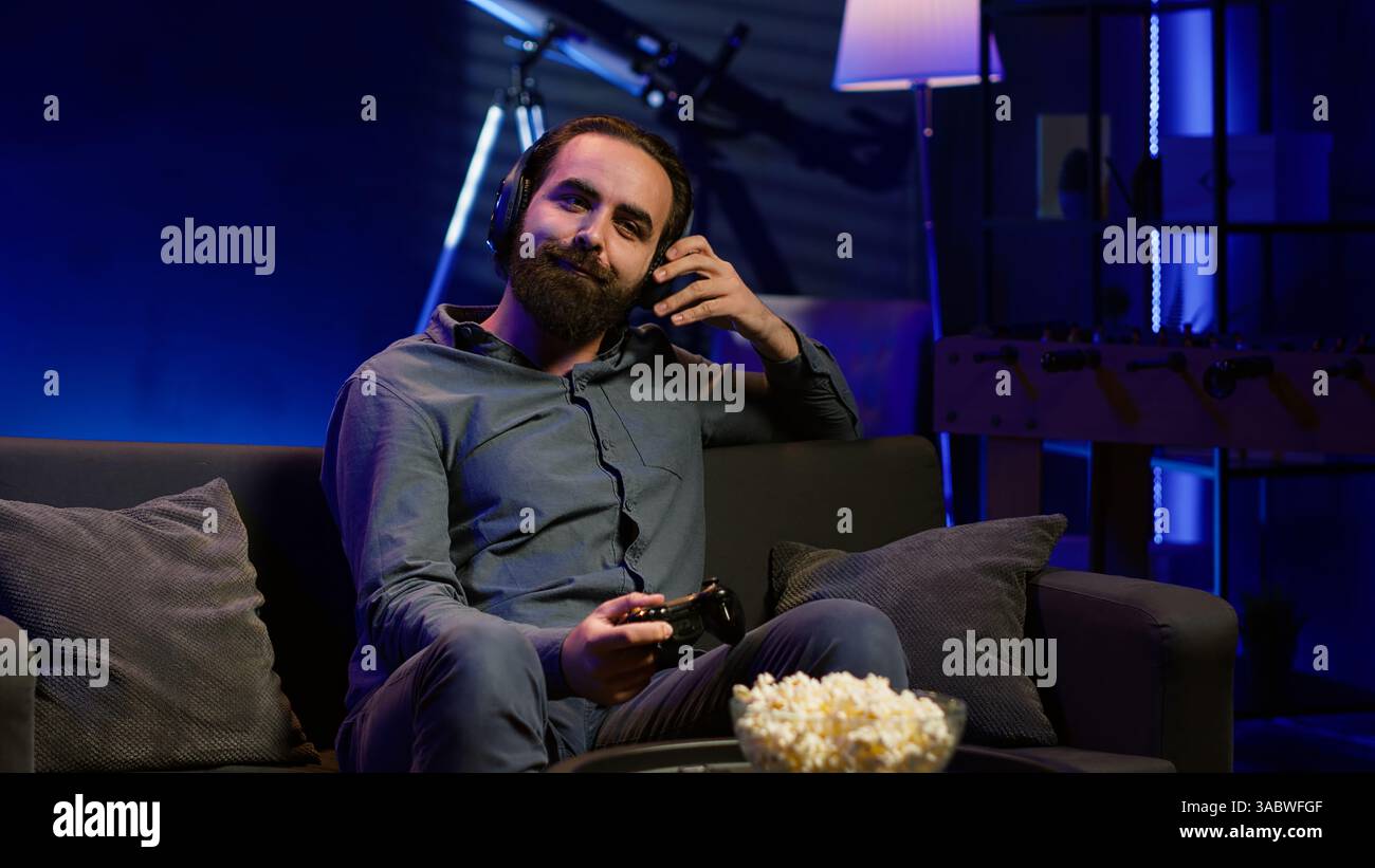 Satisfied gamer bragging after finally defeating all enemies while ...