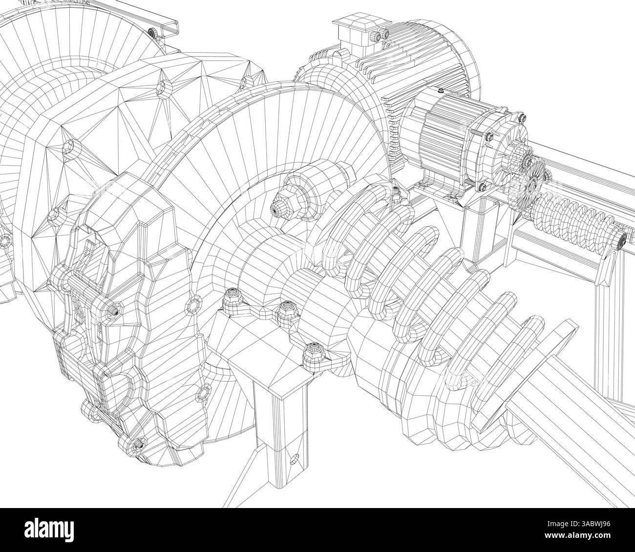 A drawing of a machine with a lot of gears and a lot of lines. The ...
