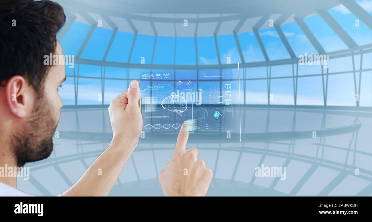Using futuristic digital tablet, man interacting with virtual interface Stock Photo