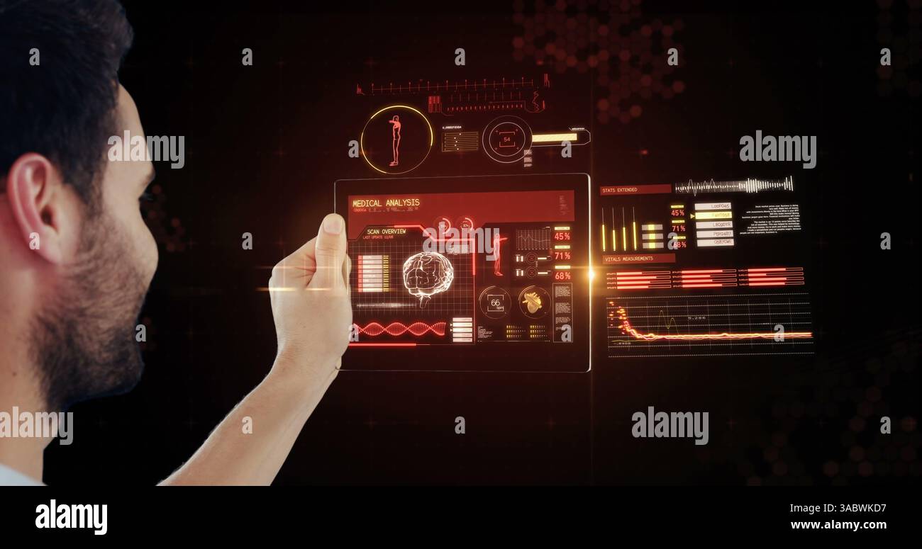 Using futuristic digital tablet, man exploring virtual interface in office Stock Photo