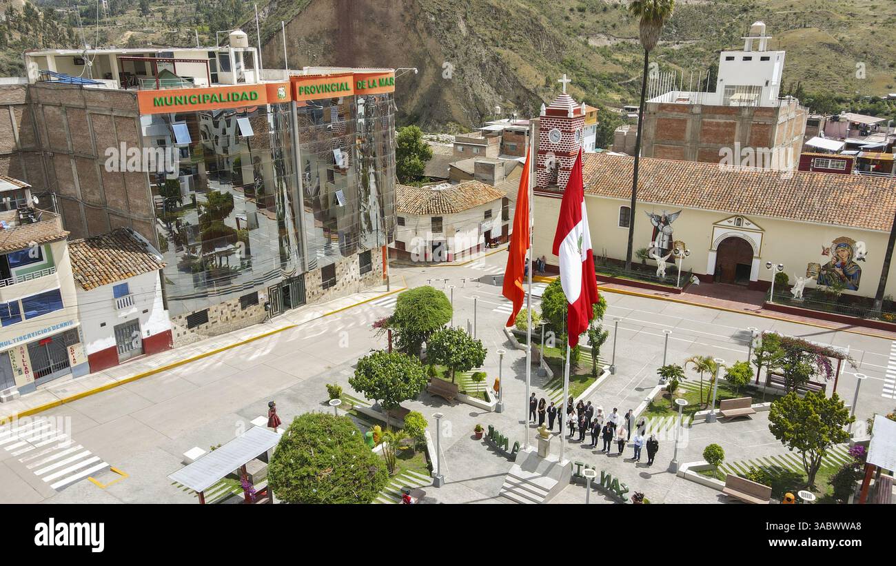 Panoramic view of Plaza de San Miguel, La Mar, Ayacucho, captured with a drone, with the Provincial Municipality of La Mar in the background. Stock Photo