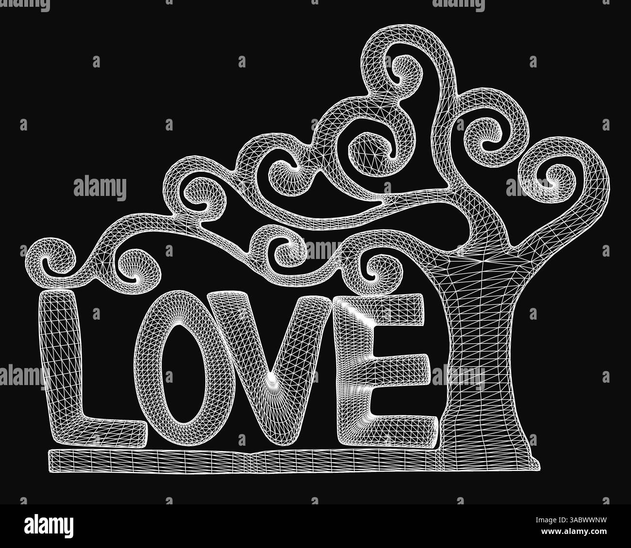 A tree with the letters LOVE written on it. The tree is white and black. The letters are in a cursive style Stock Vector