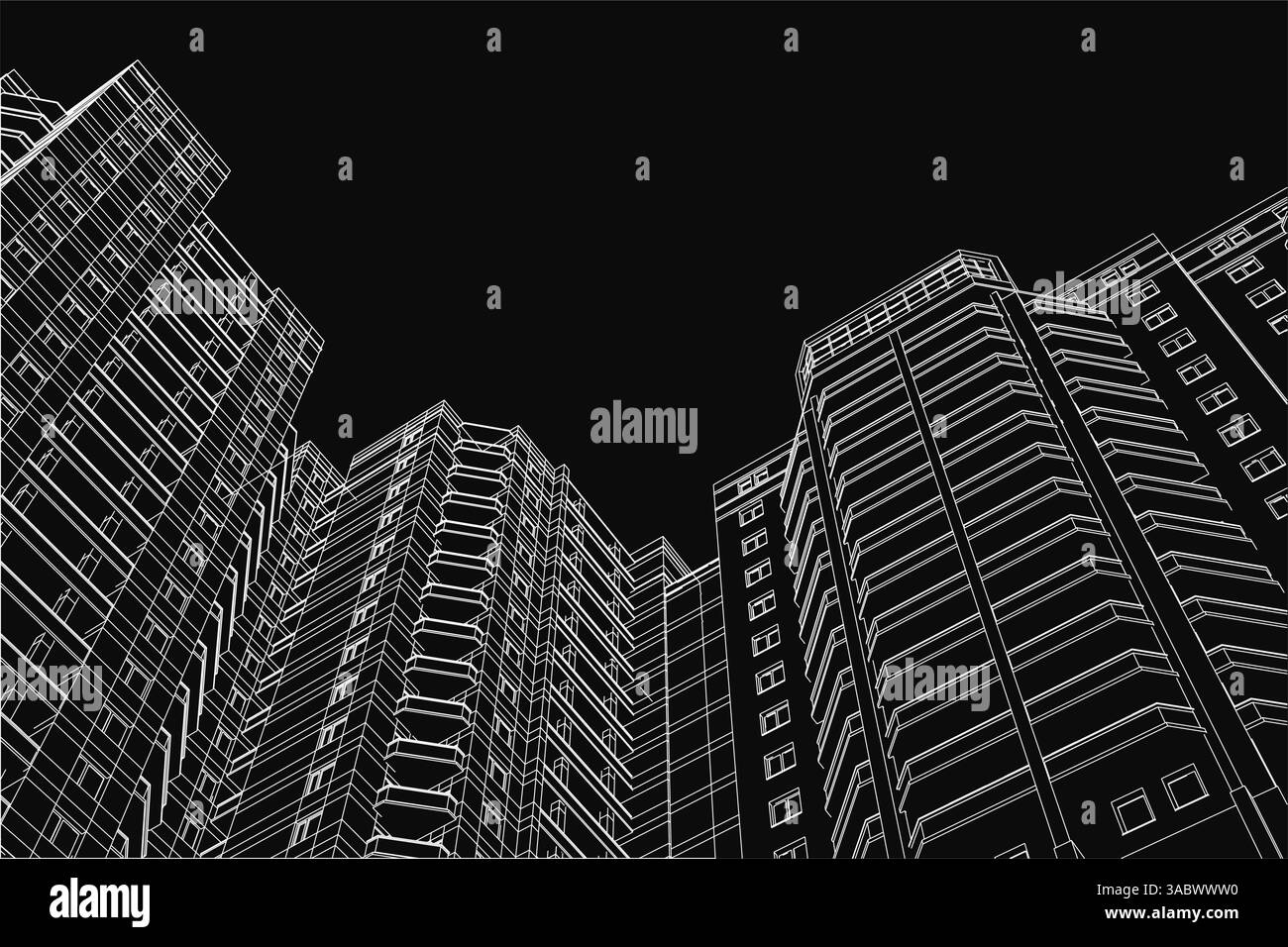 The image is a black and white drawing of a city skyline at night. The ...