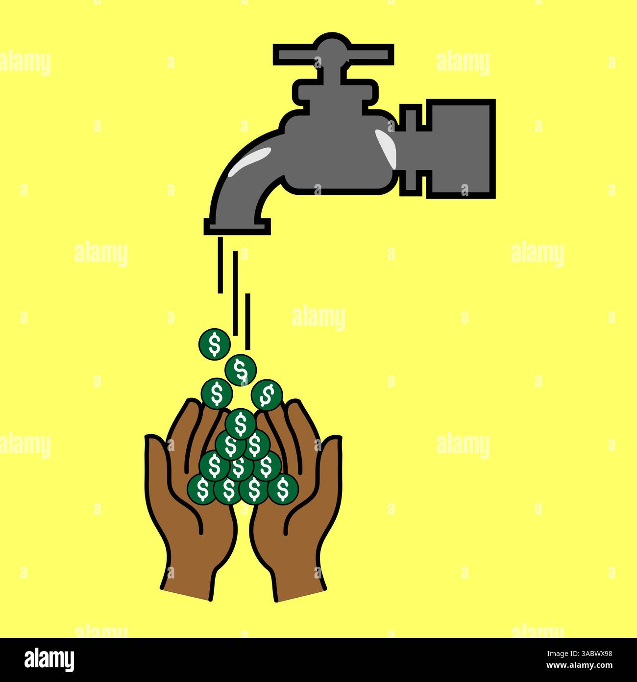 Dollar coins money flow from faucet to open hands in a simple ...
