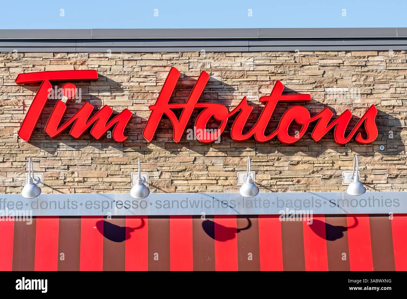 Tim Hotronts Sign Richmond Hill, Canada - October 30, 2018: Close up of Tim Hortons sign ...