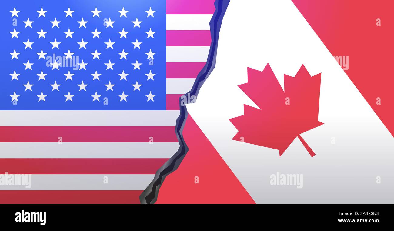 USA Canada trade war concept illustration depicting torn flags of the ...