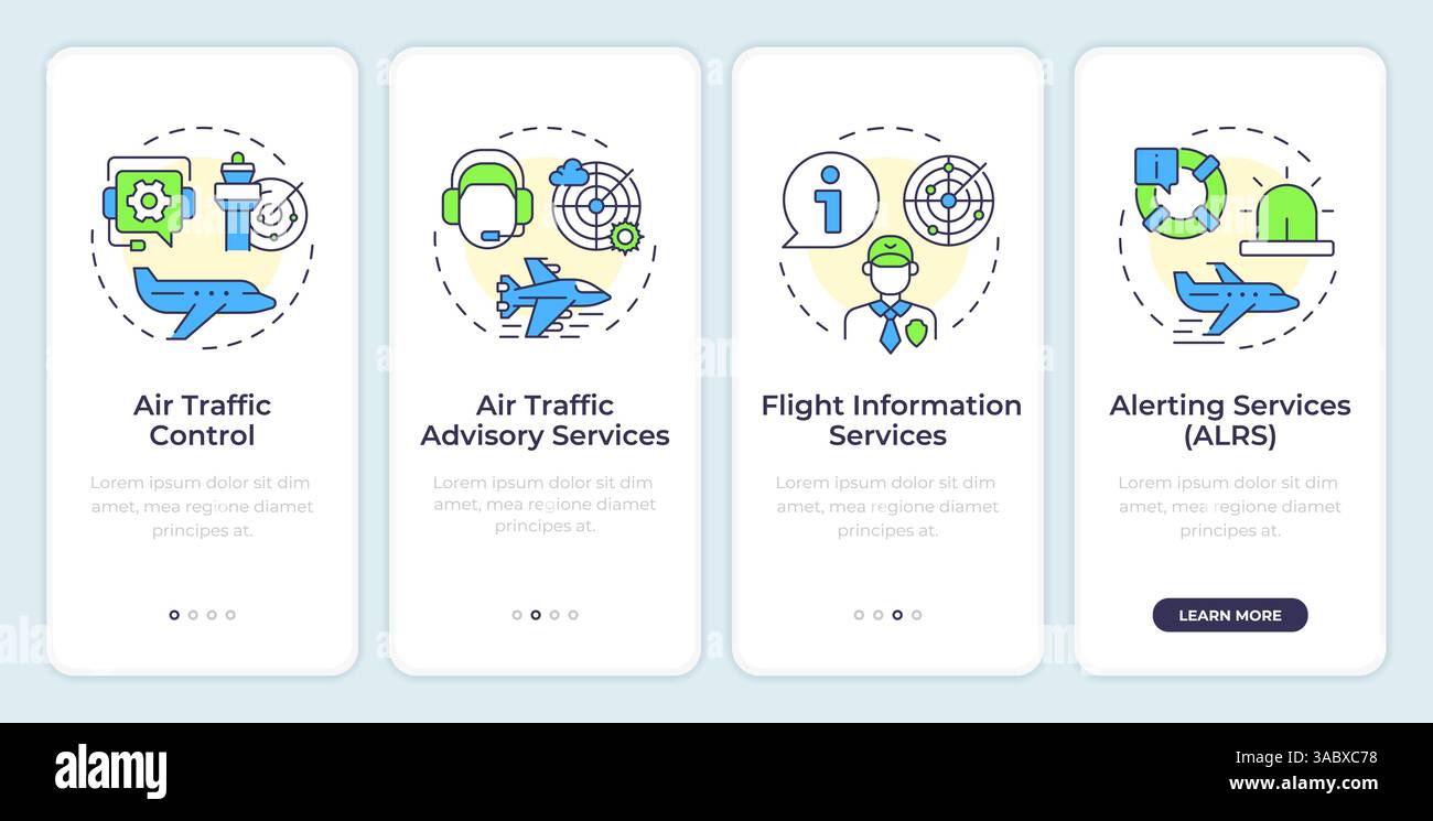 Air traffic services onboarding mobile app screen Stock Vector