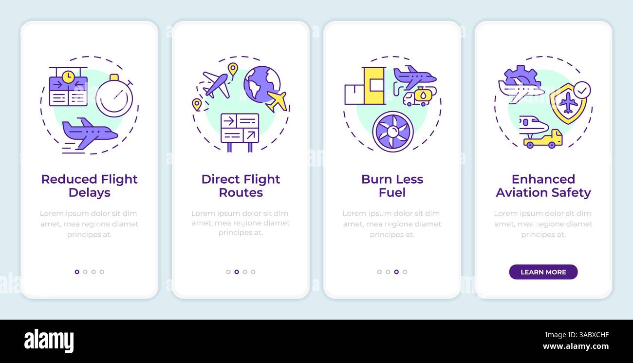 Air traffic control benefits onboarding mobile app screen Stock Vector