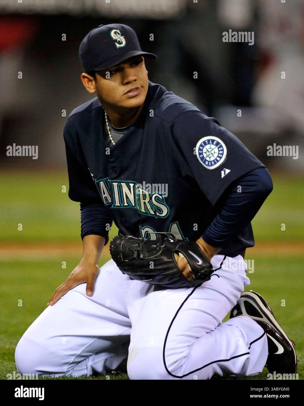 April 11th, 2008 - Seattle, WA.Felix Hernandez # 34 of Seattle after failing to catch a bunt against Los Angeles at Safeco Field in Seattle..Mariners defeat Los Angeles 8 - 5.George Holland / Cal Sport Media. (Credit Image: © Cal Sport Media/ZUMA Press) Stock Photo