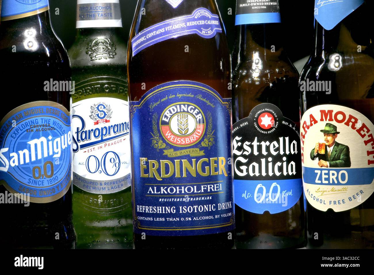 Alcohol-free beers in bottles Stock Photo