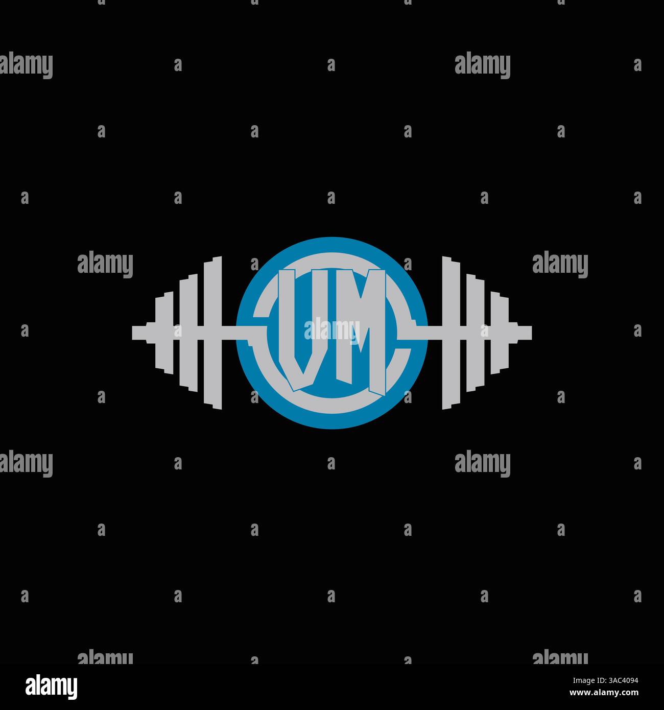 Initial VM logo design with geometric dumbbell and circle line icon vector graphic Stock Vector
