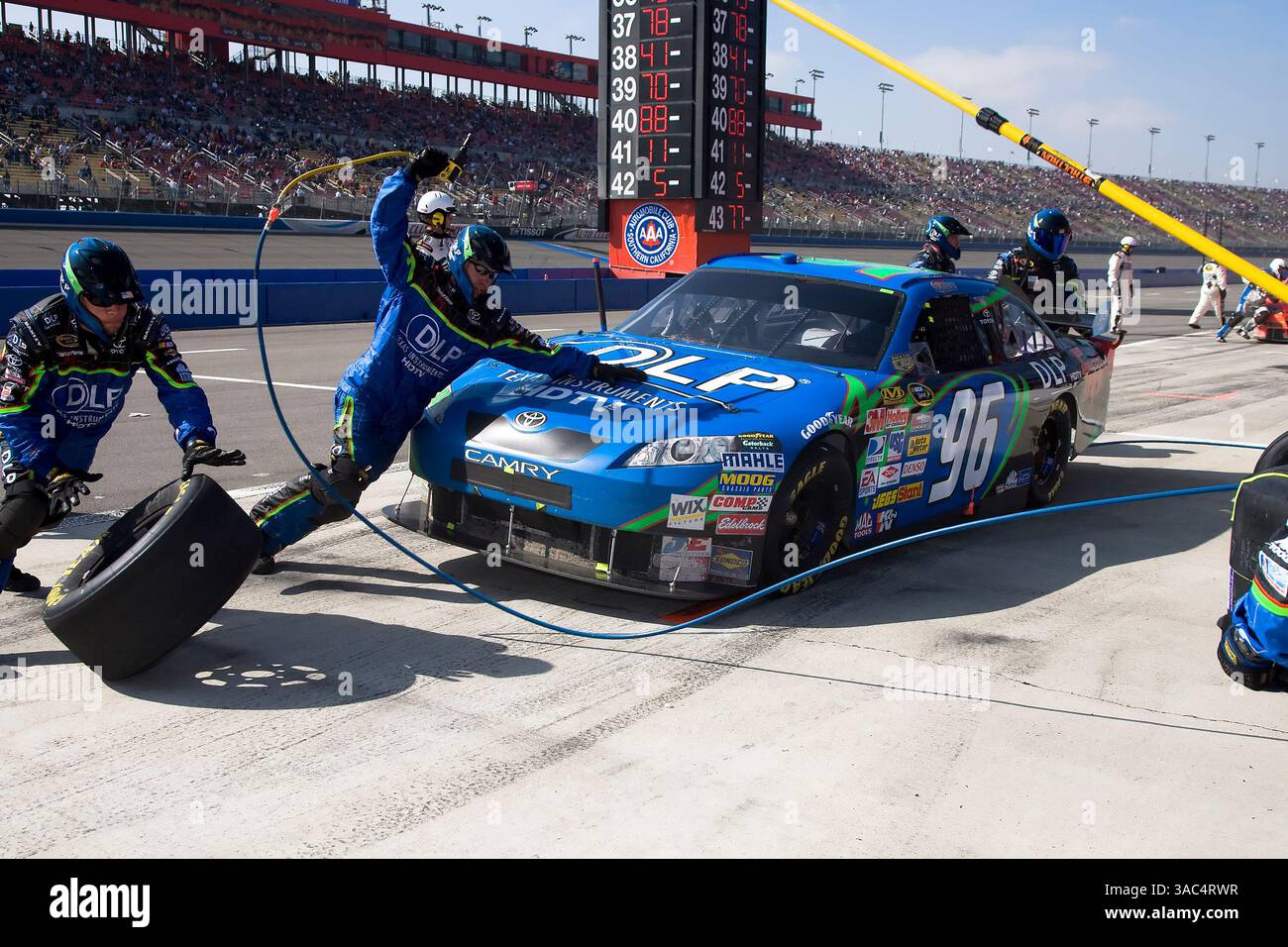 February 25, 2008:  Auto Club Speedway of Southern California Fontana, CA - J.J. Yeley brings in his DLP Toyota for service during the running of the Auto Club 500 NASCAR Sprint Series race in Fontana, CA. (Credit Image: © Cal Sport Media/ZUMA Press) Stock Photo